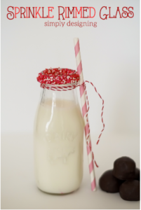 Sprinkle Rimmed Glass - This is such a quick and easy Valentine idea! Add some pizzaz to any Valentines Day food gift by adding red and white sprinkles to the rim of any beverage glass!