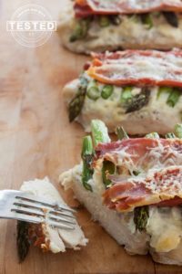 Triple A Chicken Bake - Artichokes, Asparagus and Asiago cheese topped chicken. Crunchy Prosciutto topping makes this taste amazing!