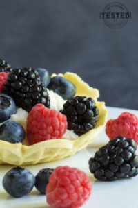 Mascarpone cream filled pizzelle cups topped with berries. Now that's a summer dessert!