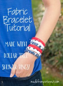 These fabric bracelets are SO cheap to make! Your daughters are going to want to make some in every color! Made with plastic shower rings from the Dollar Tree, you can get a pack of 12 for only $1.