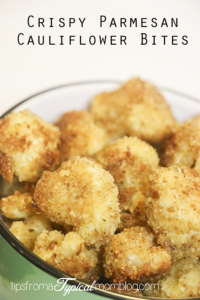 Crispy Parmesan Cauliflower Bites. A dip-able, pop-able, tasty low carb snack. These are a quick and easy to make and even the kids will love them!