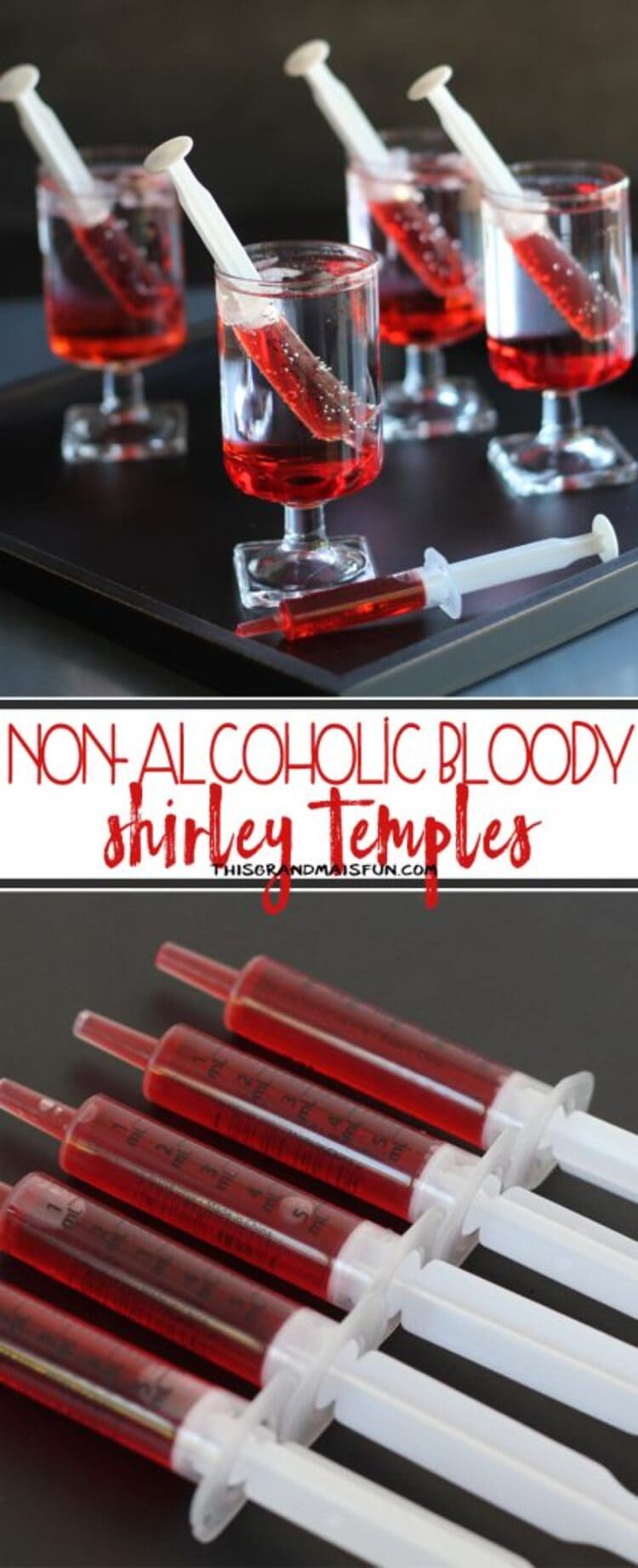 Collage photo of syringes with grenadine syrup in them