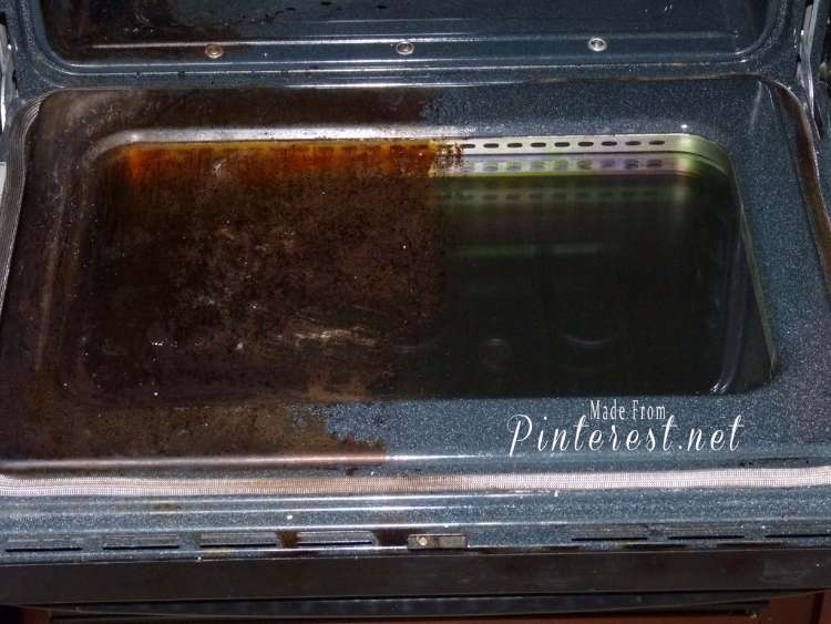 before and after of a dirty oven treated with a diy magic oven cleaner